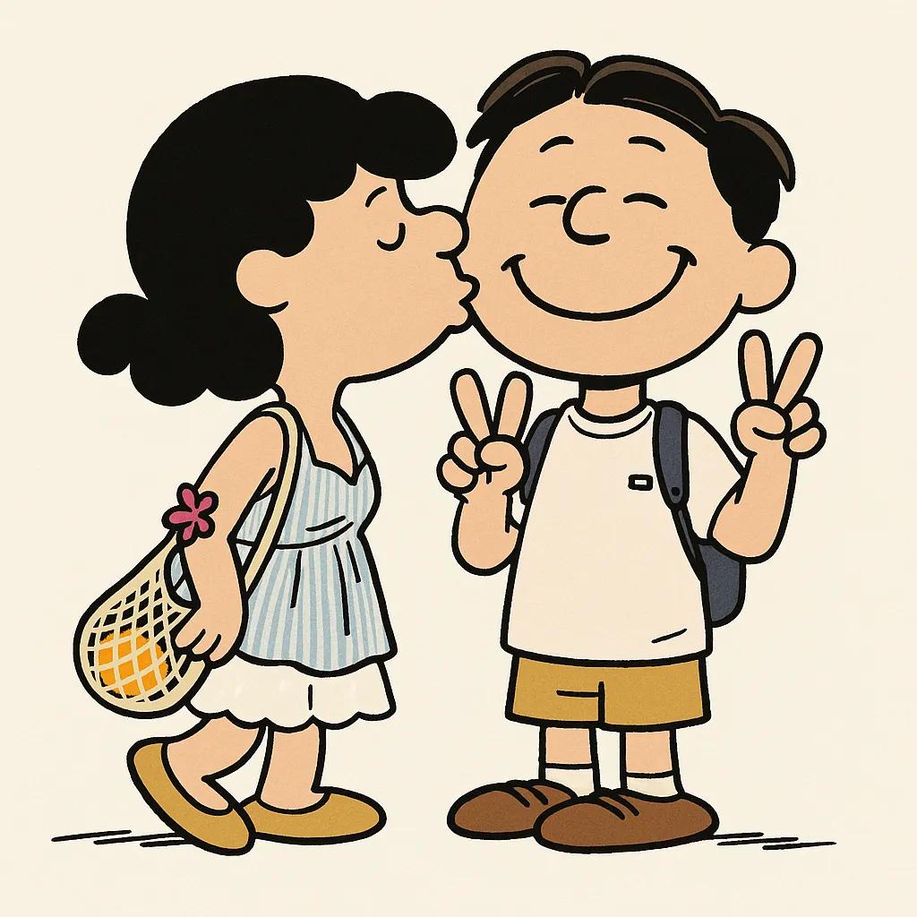 Couple Peanuts (Charlie Brown) Character Illustration (Kiss on the Cheeks) AI generated image example