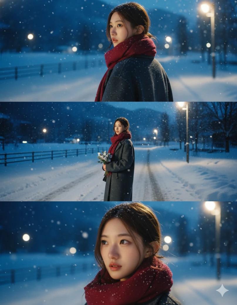 First Snow Night in Sapporo (3x1) AI generated image example