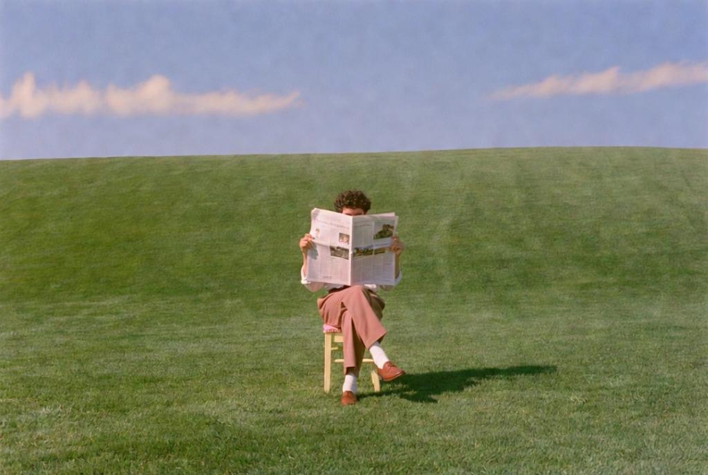 Wes Anderson Style Person Sitting in Open Grassy Field Scene AI generated image example