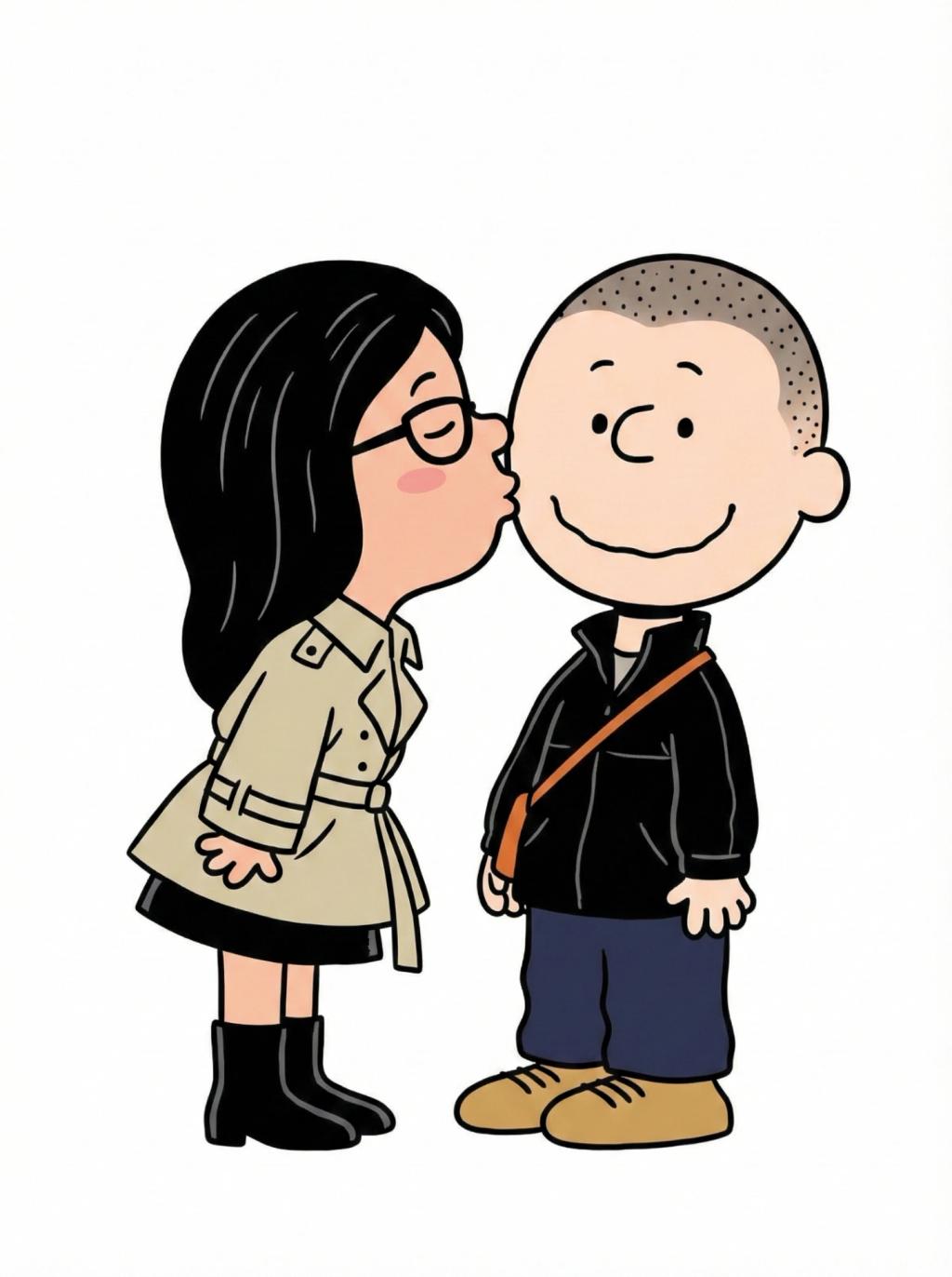 Peanuts (Charlie Brown) Comic Strip Character Transformation (Kiss on the Cheek) AI generated image example