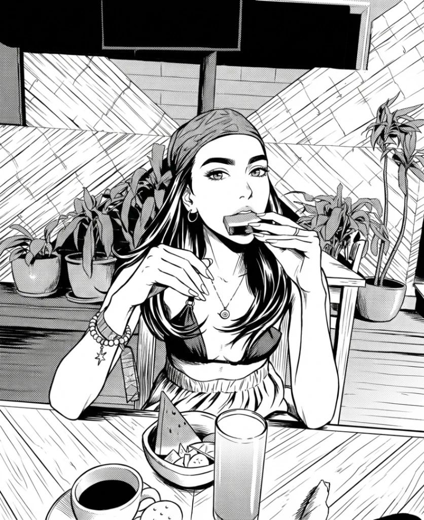 Black and White 2D Japanese Manga Illustration AI generated image example