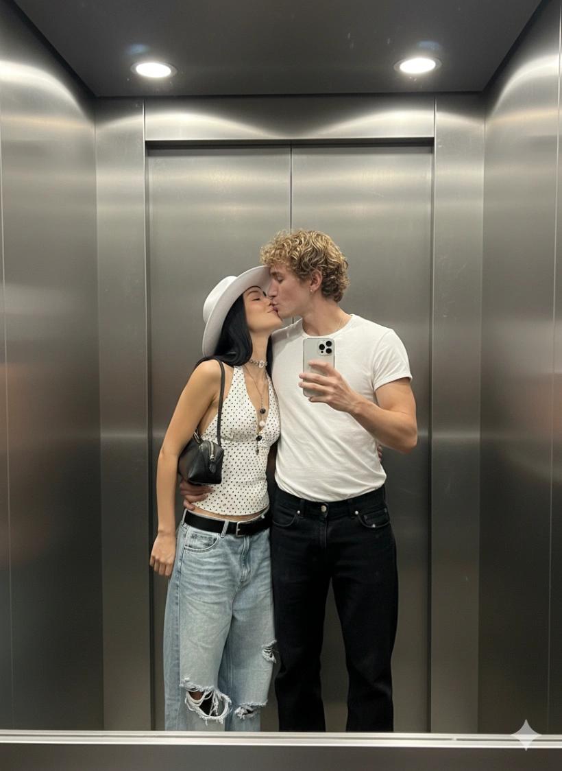 Cute Couple Elevator Mirror Shot AI generated image example