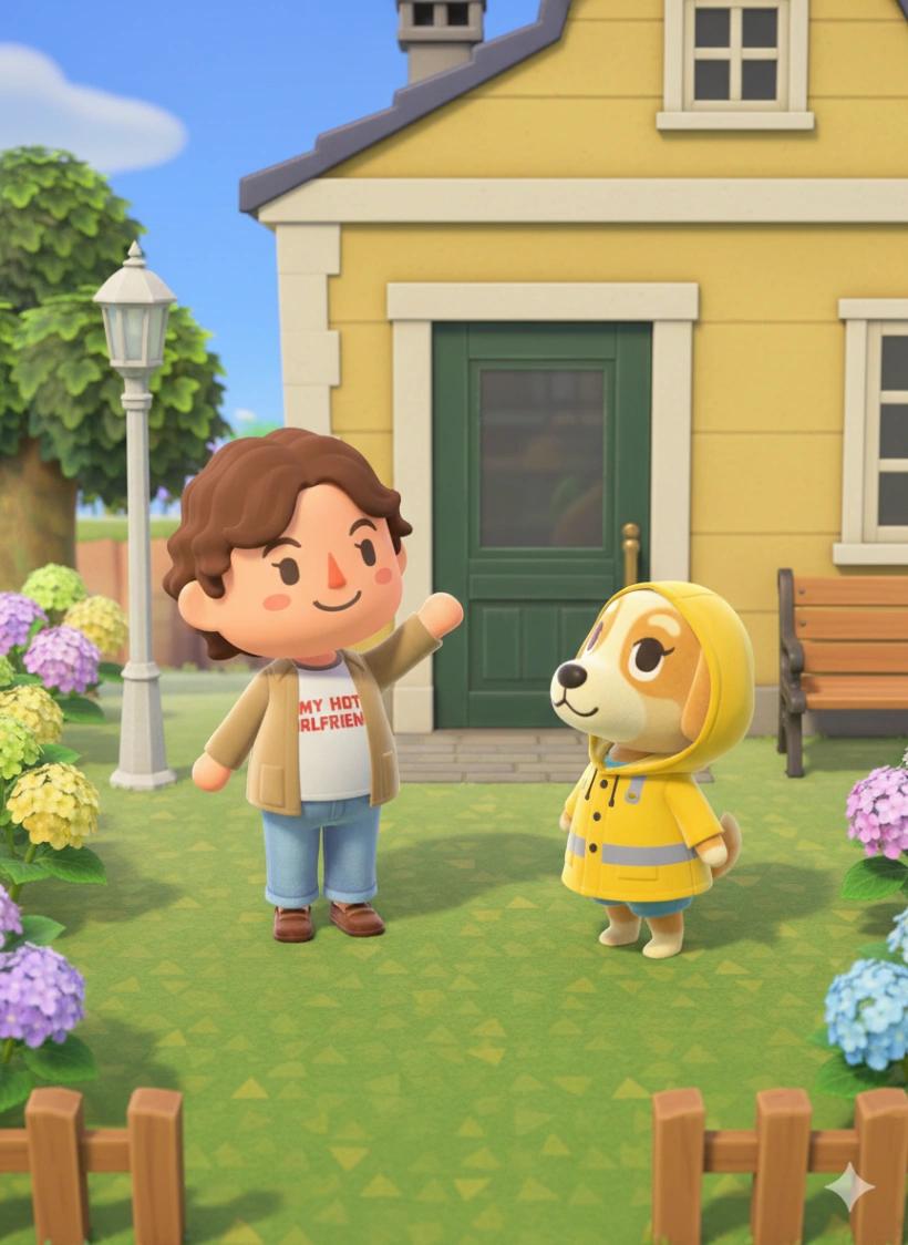 Animal Crossing New Horizons In-Game Conversation Scene (Person & Pet) AI generated image example