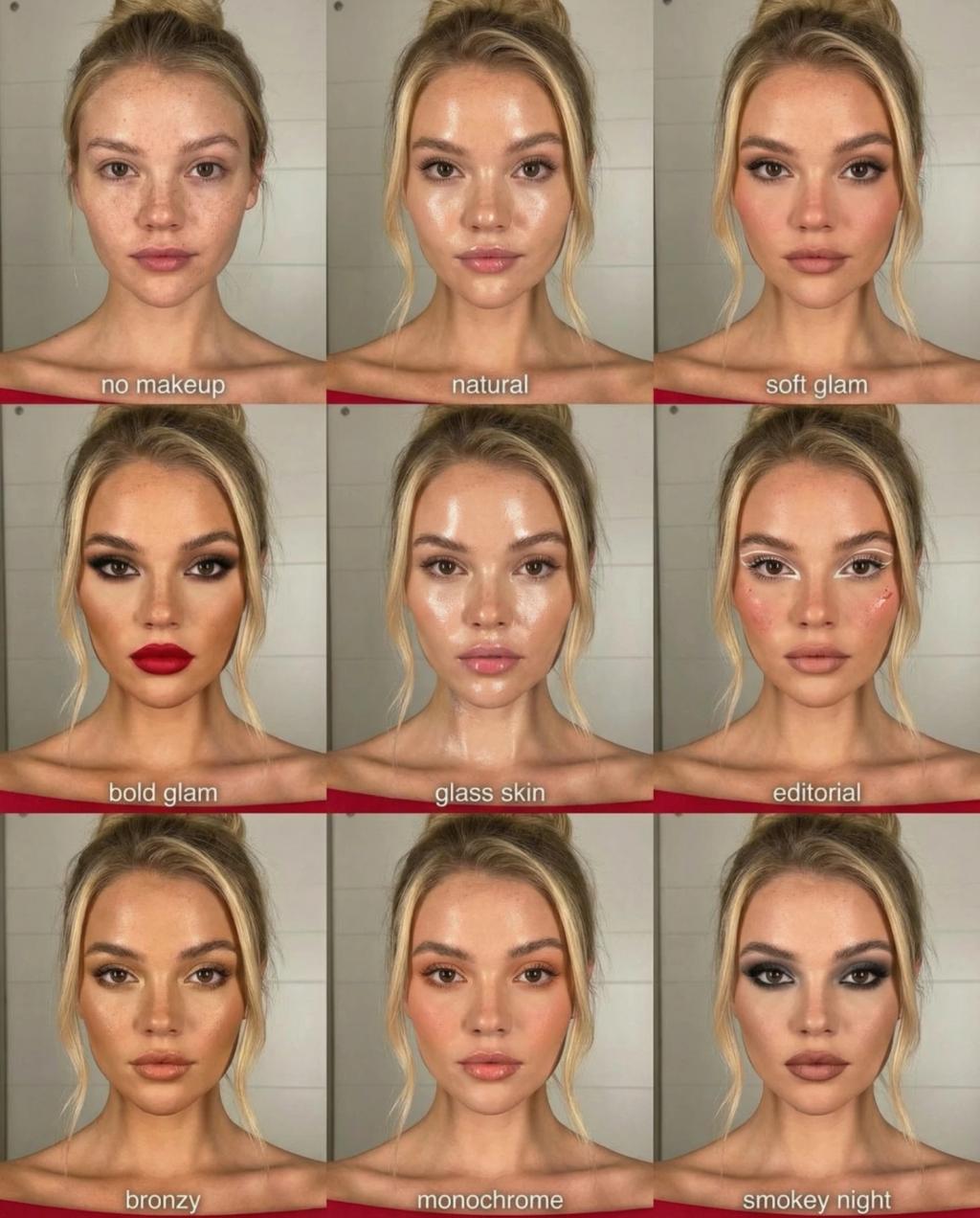 Makeup Look Comparison Grid 9 looks (with label) AI generated image example
