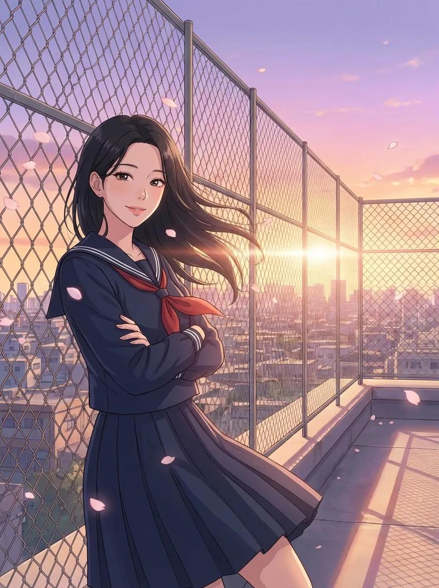 Anime School Rooftop Scene AI generated image example