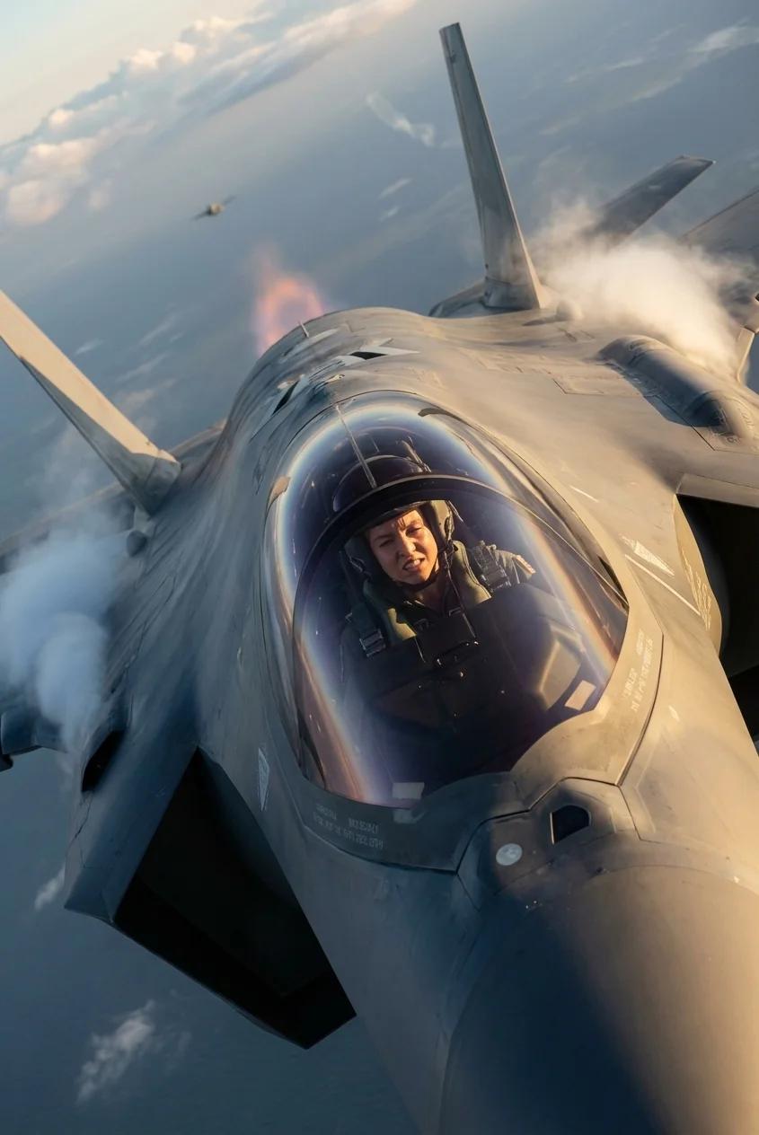 F-35 Mid-Dogfight: Exterior Chase Shot, Real Pilot Focus AI generated image example