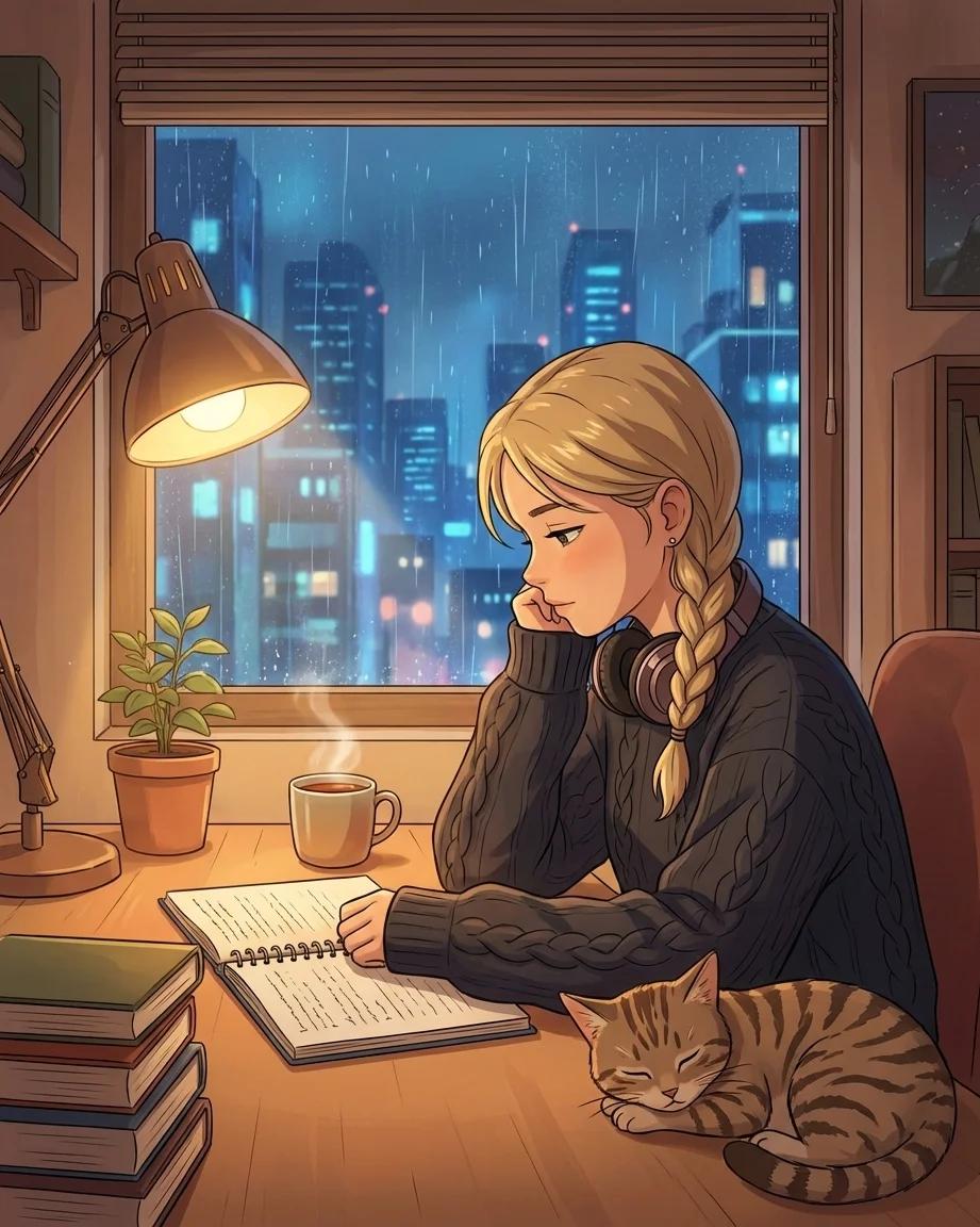 Lo-Fi Anime Study Girl Scene AI generated image example