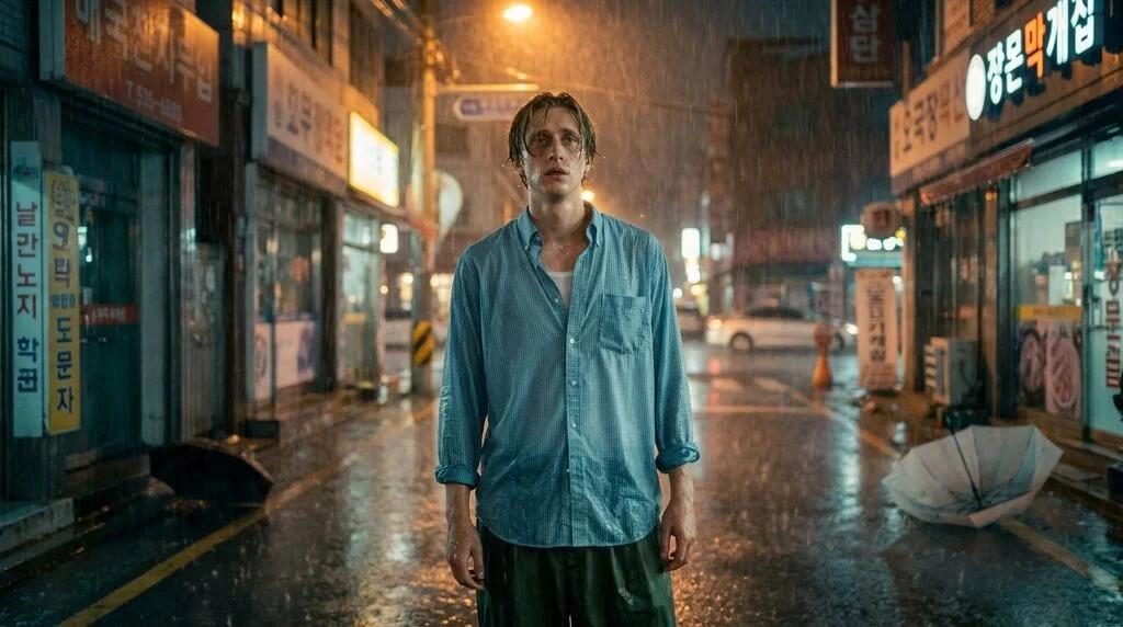 Korean Drama Rain Scene Cinematic Grade AI generated image example