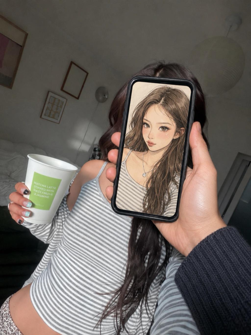 Holding a Phone with My Romance Manga Portrait on Screen AI generated image example